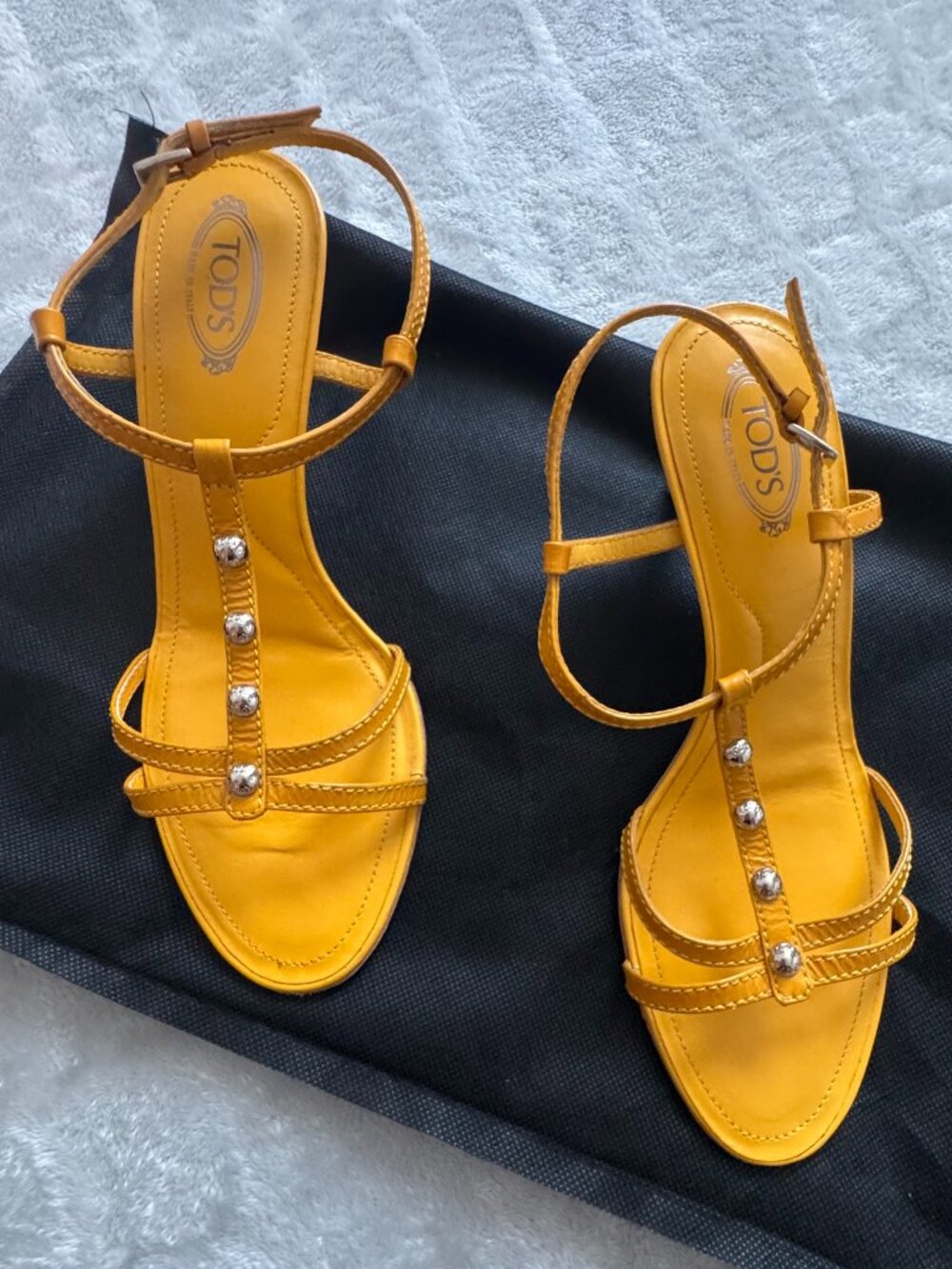 TOD'S Marigold Patent Studded T-Strap Heeled Sandals, Size 7, Yellow
